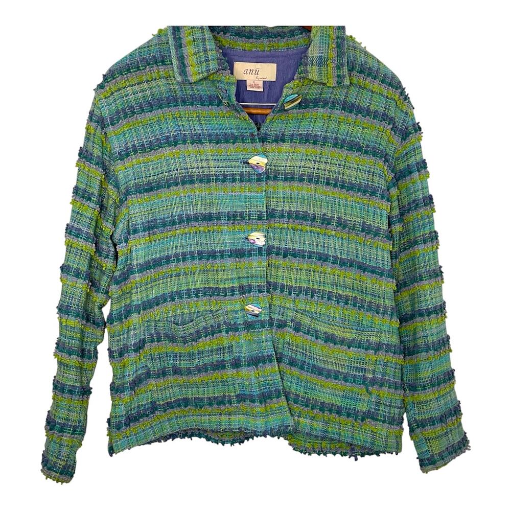 Anii by Natural Textured Woven Cotton Jacket Women’s L Blue Green Boho Art Wear